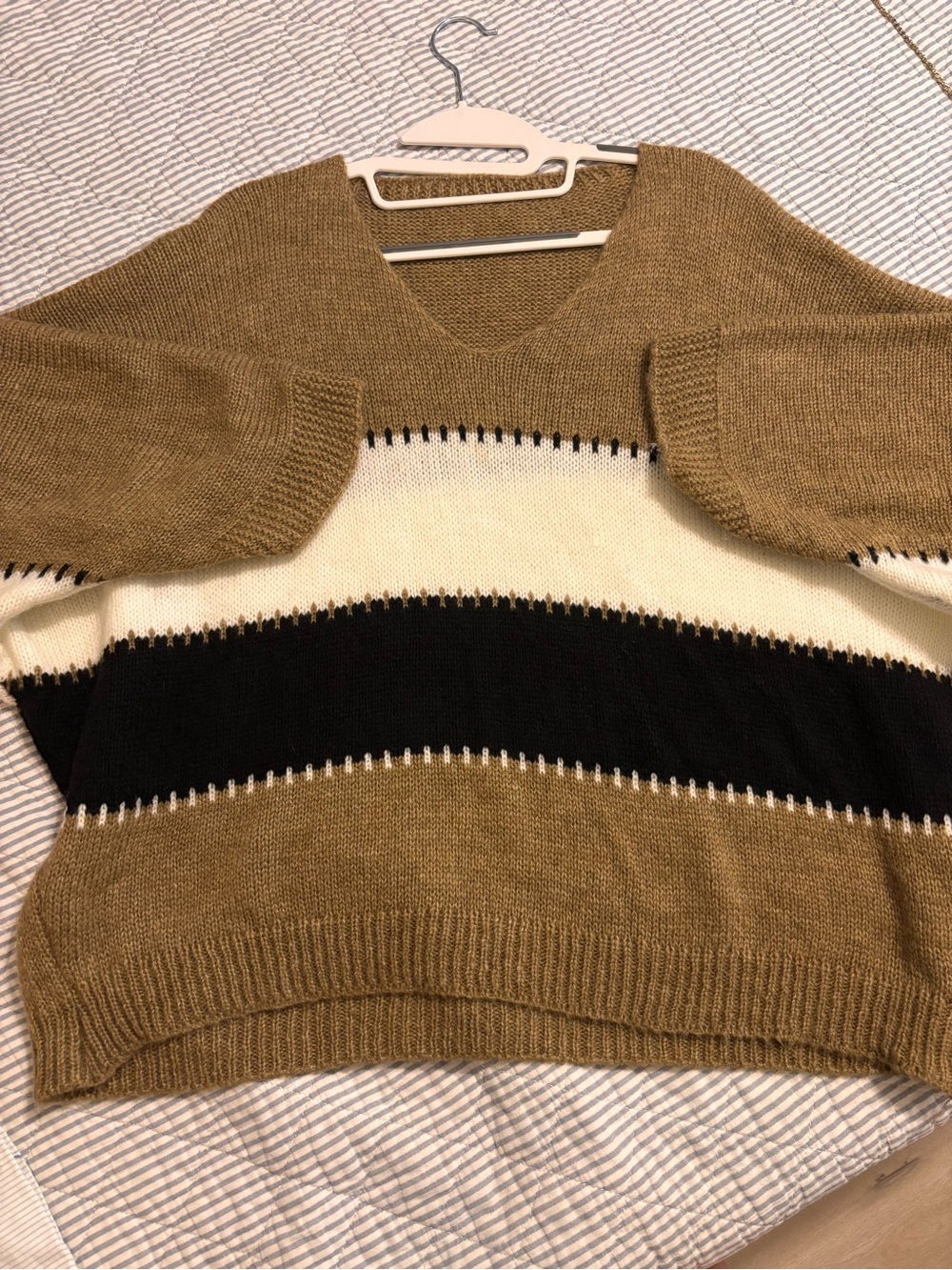 V-Neck Striped Knit Sweater in Camel, Cream & Black